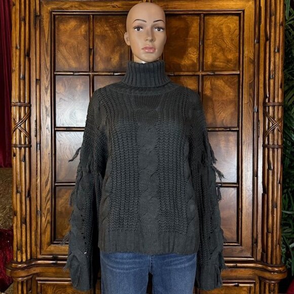 Connoto Steel Gray Cable Knit Fringe Sleeve Ribbed Turtleneck Sweater - Picture 1 of 8